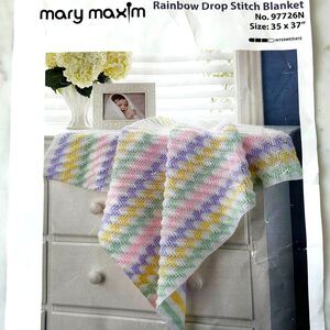 Mary Maxim Crochet Baby Blanket Kit Rainbow Drop Stitch 35 x 37 Yarn + Pattern